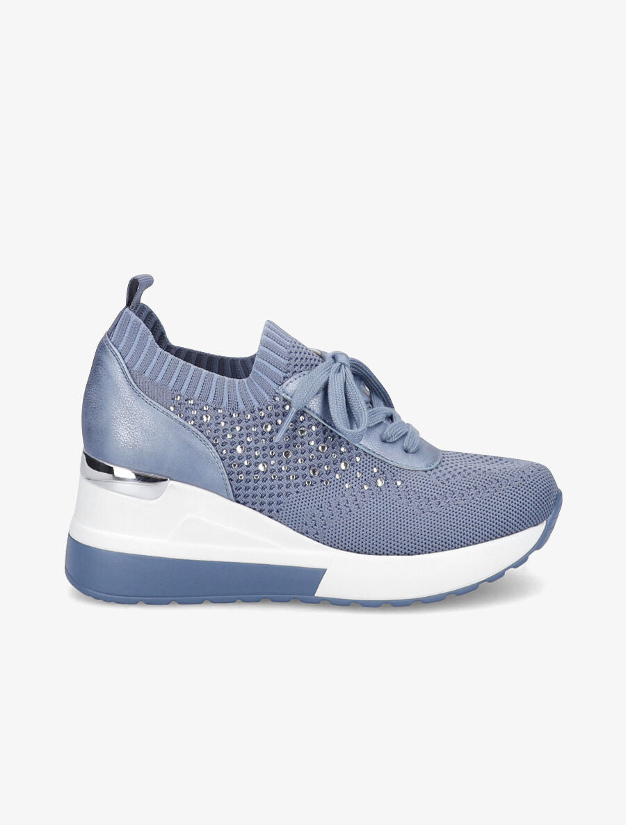 Baskets compensées à lacets et détail strass - Bleu gris - 1
