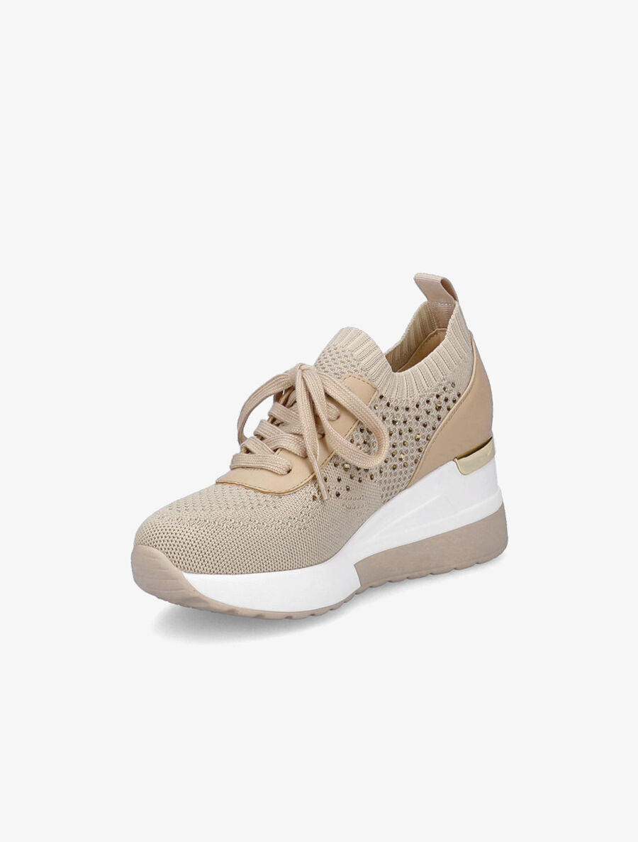 Baskets compensées à lacets et détail strass - Beige - 3