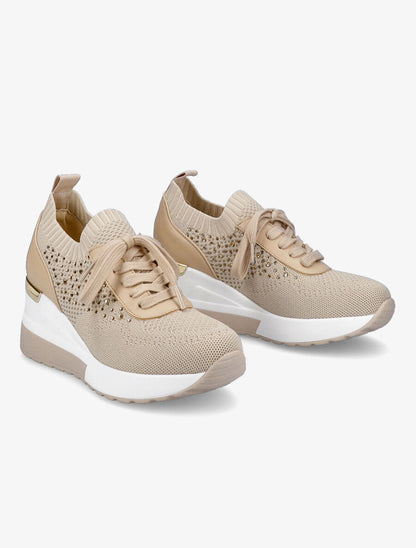 Baskets compensées à lacets et détail strass - Beige - 4