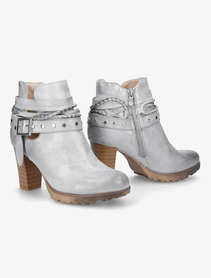 Bottines à talons et lanières cloutées - Gris clair/argent - 4