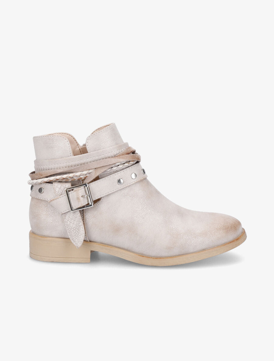 Bottines à lanières cloutées et liens - Beige/doré - 1