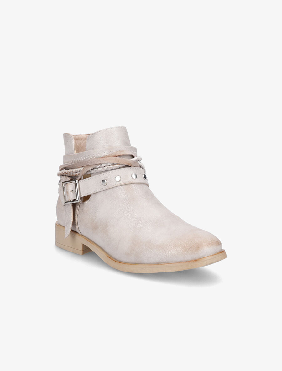 Bottines à lanières cloutées et liens - Beige/doré - 2