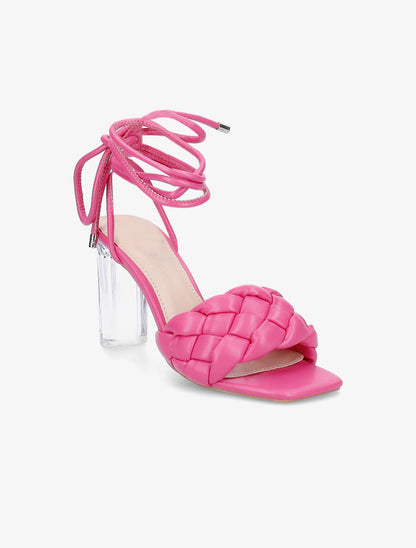 Sandales lacées à talons transparents et ganses tressées - Fuchsia - 2