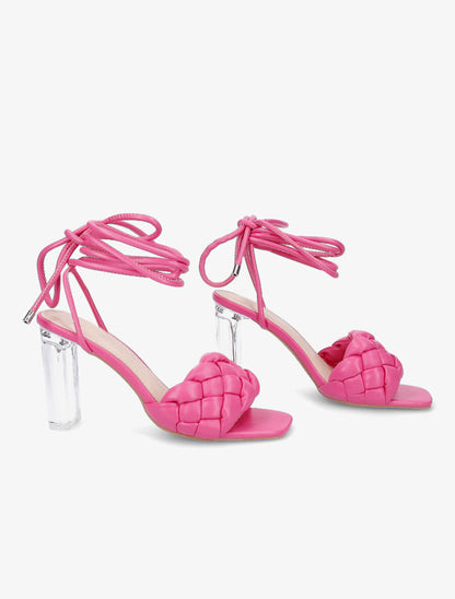 Sandales lacées à talons transparents et ganses tressées - Fuchsia - 4