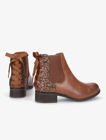 Chelsea boots à contrefort pailleté et lacets - Camel - 4