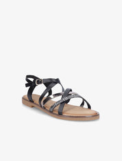 Nu-pieds plats à brides stylisées et verni - Noir - 1