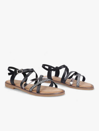 Nu-pieds plats à brides stylisées et verni - Noir - 4