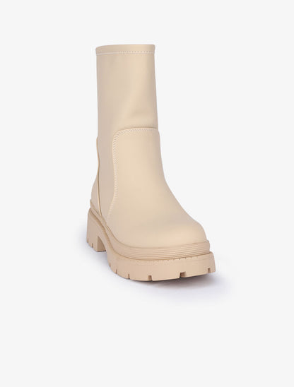Boots montantes unies à semelles épaisses - Beige - 3