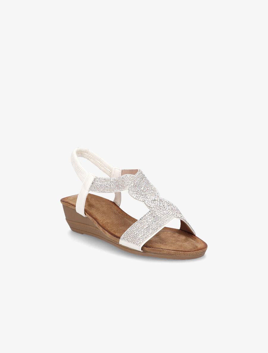 Sandales compensées à bride en T stylisée à strass - Blanc - 2