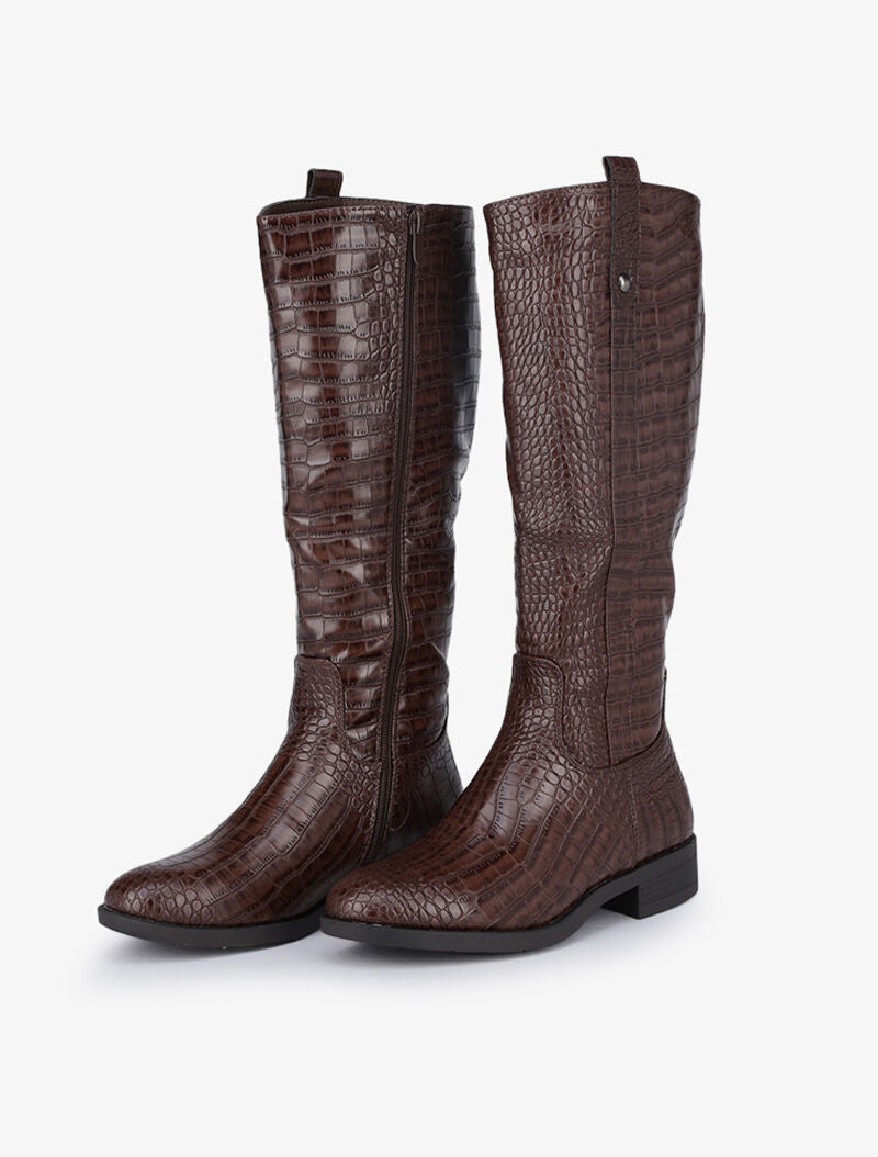 Bottes cavalières effet croco - Marron - 1
