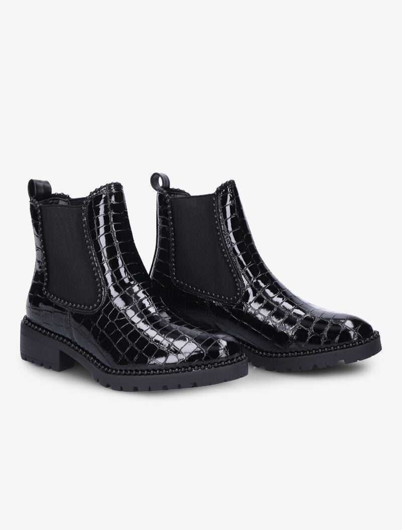 Boots effet croco vernis et détail billes noires - Noir - 1