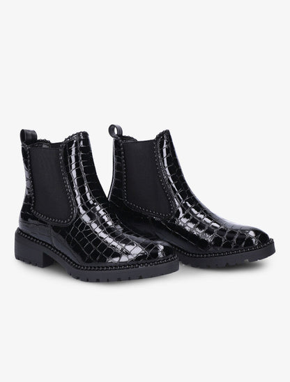 Boots effet croco vernis et détail billes noires - Noir - 1