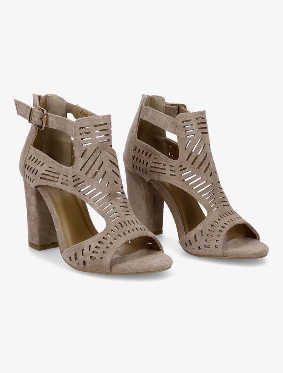 Sandales à talon et ganses ajourées stylisées - Taupe - 4