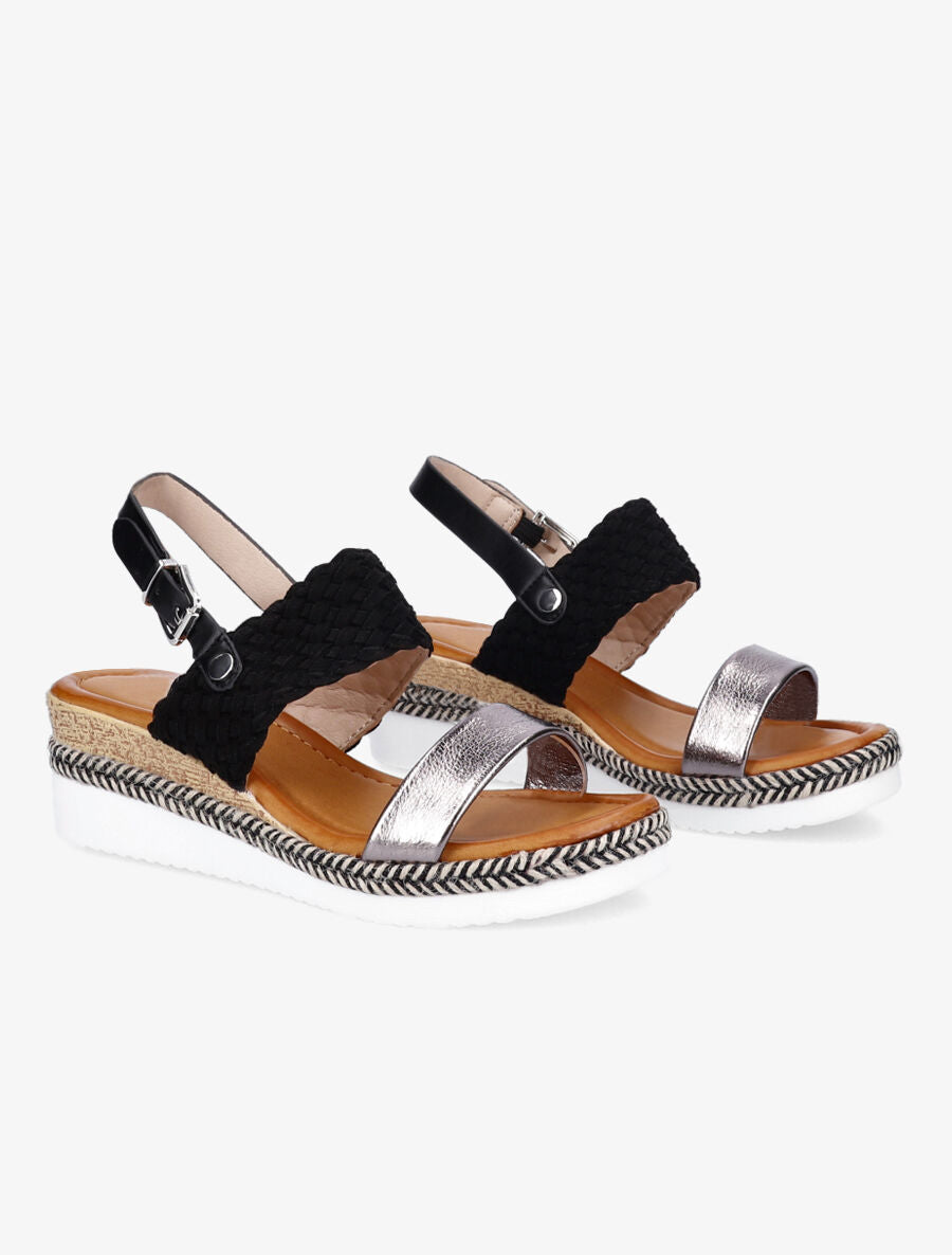 Sandales compensées à bride style osier et irisé - Noir - 4