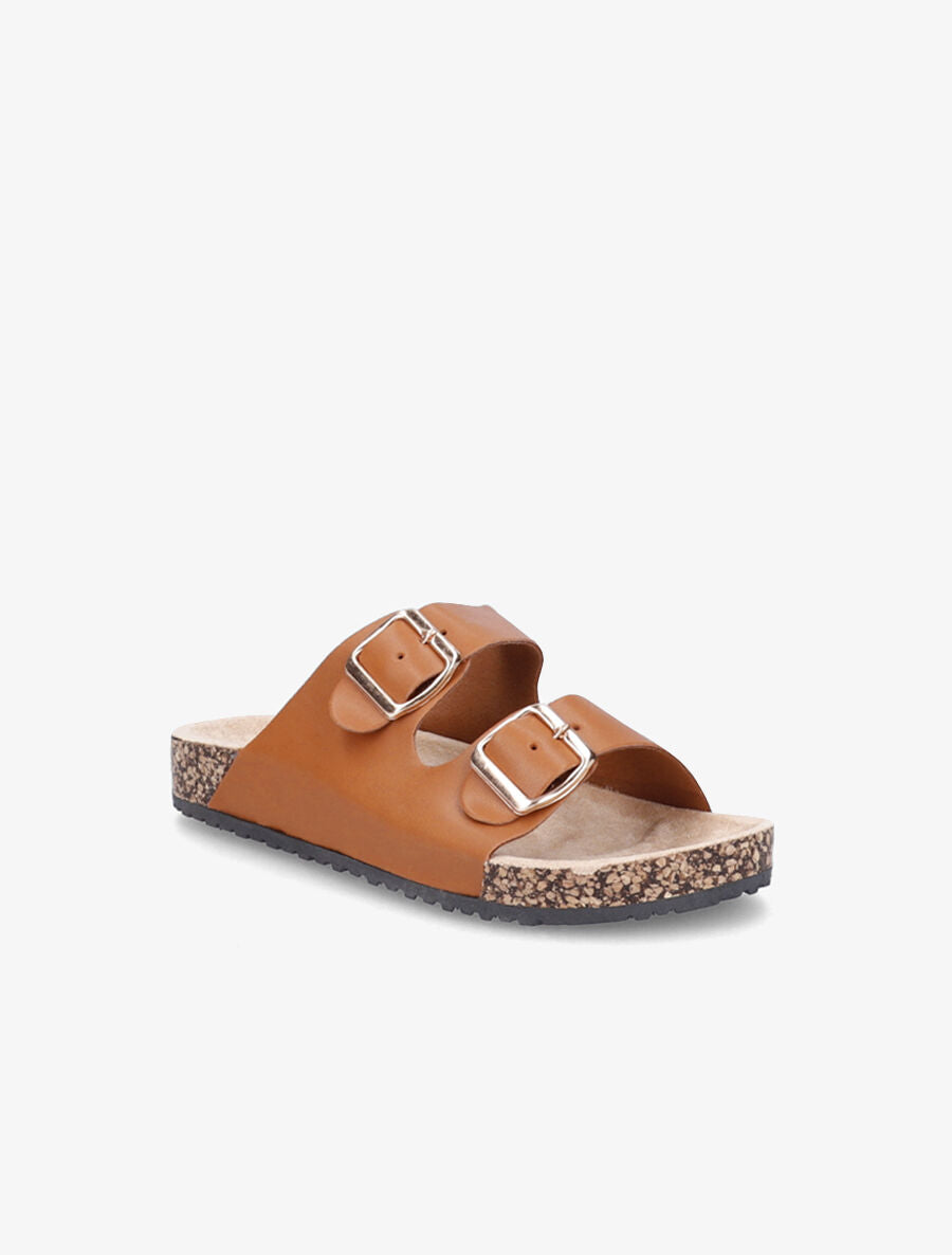 Claquettes en simili à double brides à boucle - Camel - 2