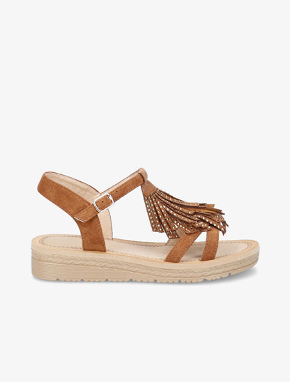 Nu-pieds en suédine à franges et strass - Camel - 5