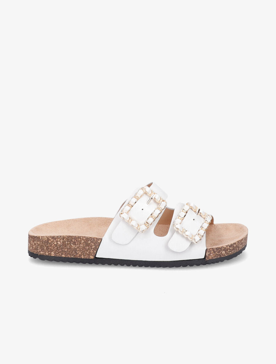 Claquettes en simili à doubles brides à boucle - Blanc - 1