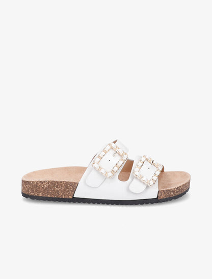 Claquettes en simili à doubles brides à boucle - Blanc - 1