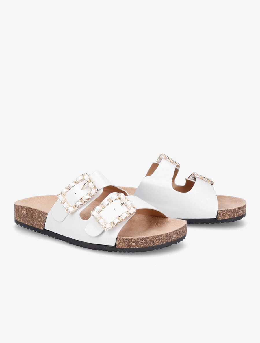 Claquettes en simili à doubles brides à boucle - Blanc - 4