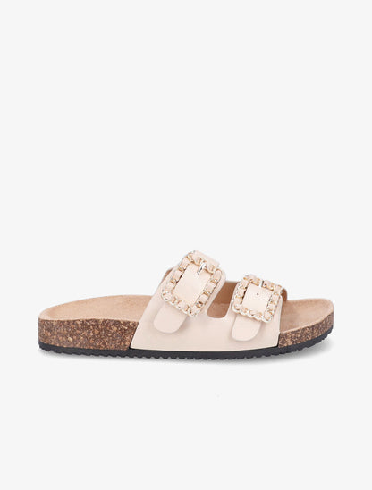 Claquettes en simili à doubles brides à boucle - Beige - 1
