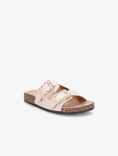 Claquettes en simili à doubles brides à boucle - Beige - 2