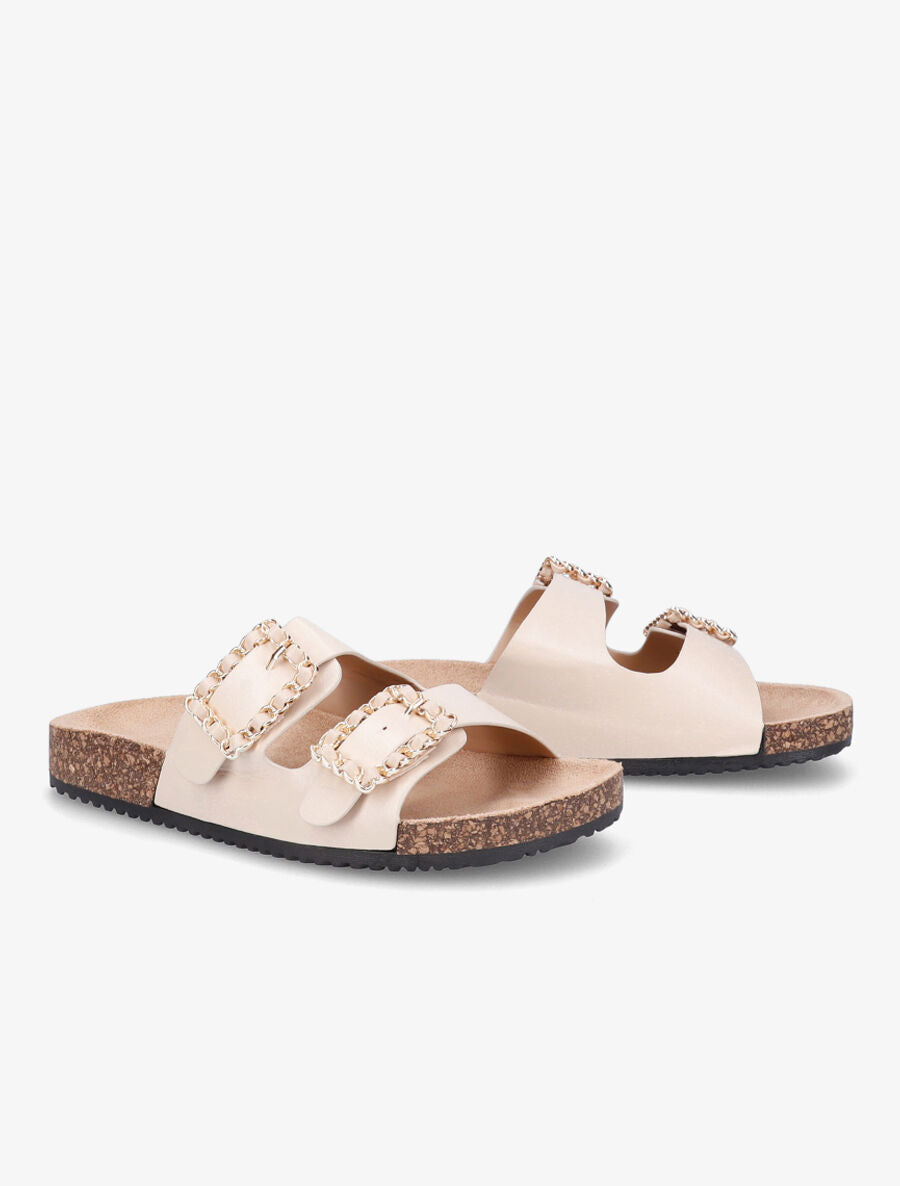 Claquettes en simili à doubles brides à boucle - Beige - 4