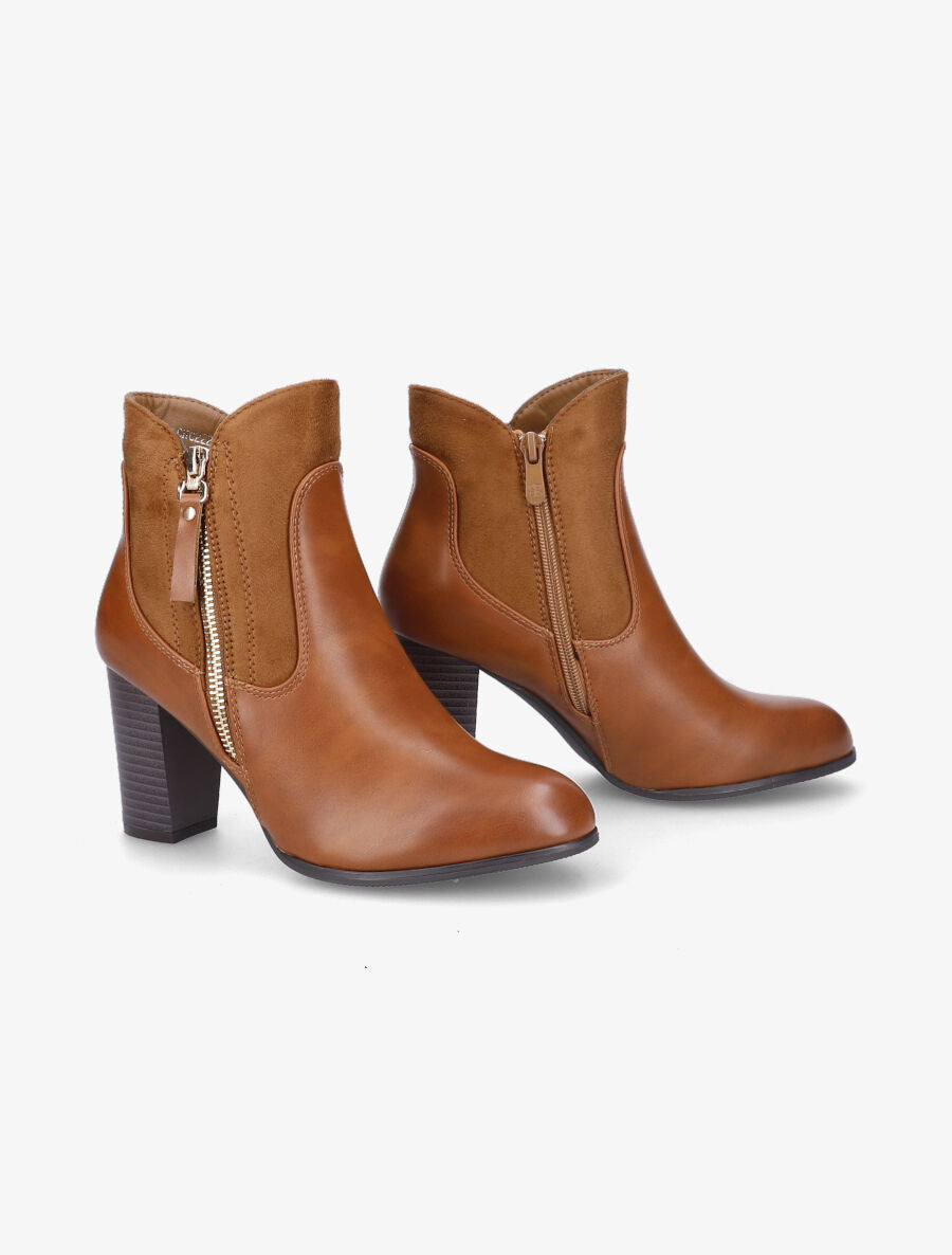 Bottines à talon en simili et suédine - Camel - 4