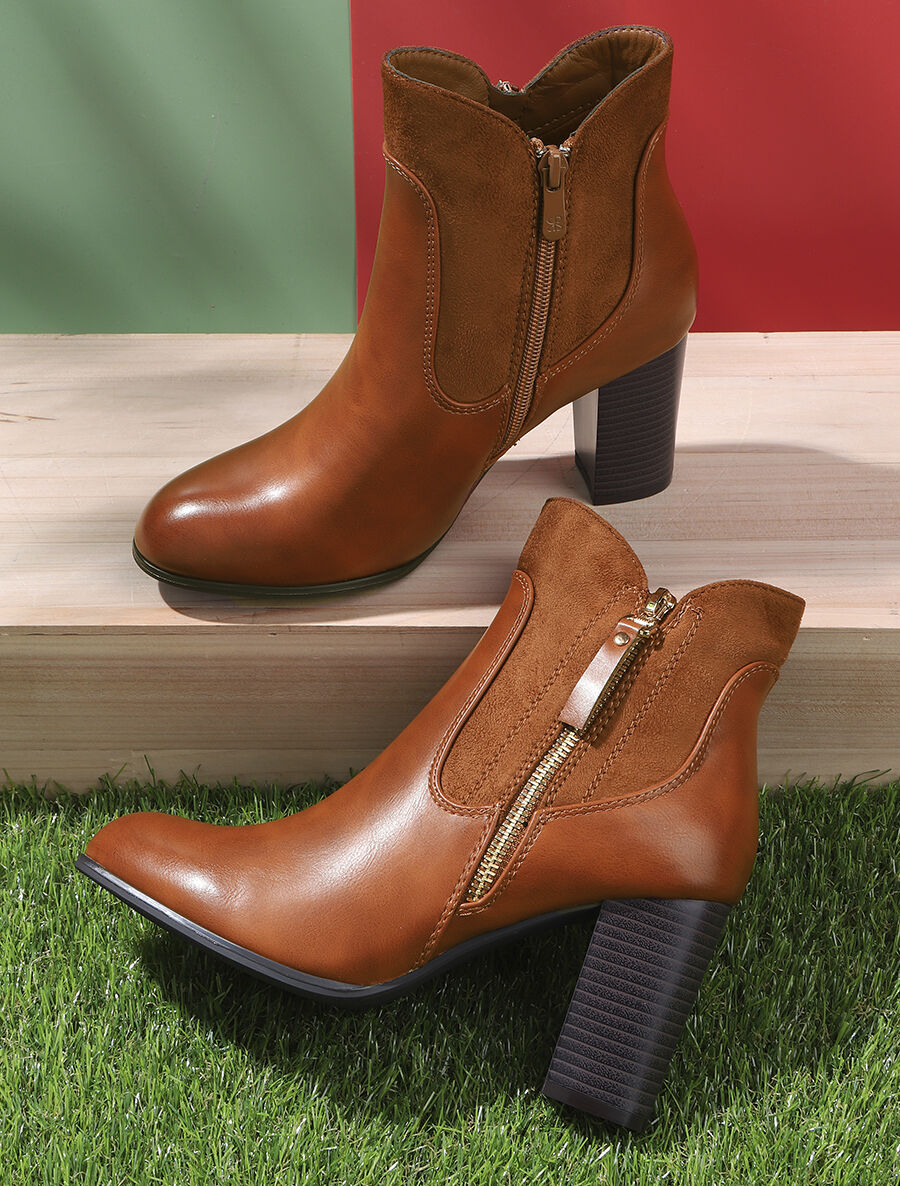 Bottines à talon en simili et suédine - Camel - 5