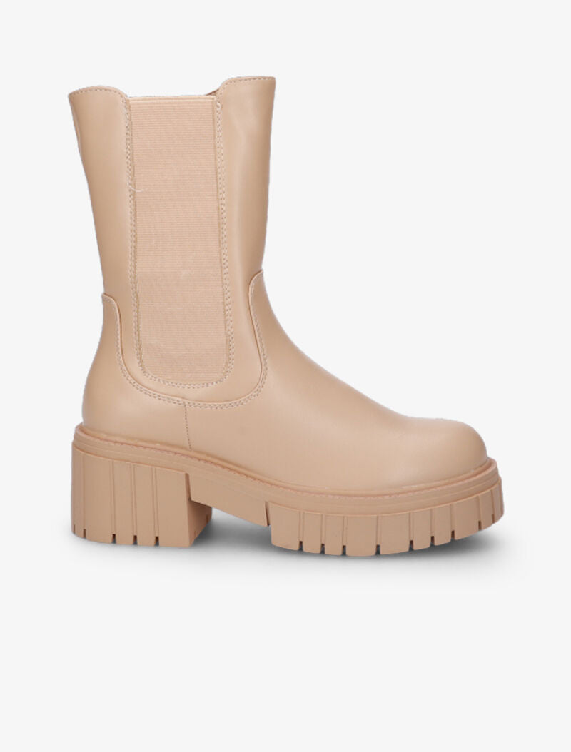 Bottines style motard à talons strillés et semelle crantées - Beige - 2