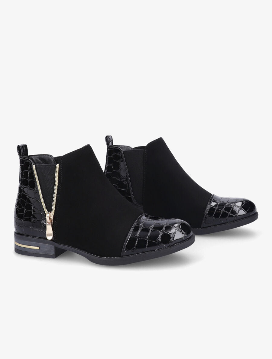 Bottines à détails effet croco vernis - Noir - 4