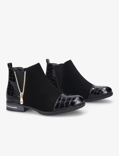 Bottines à détails effet croco vernis - Noir - 4