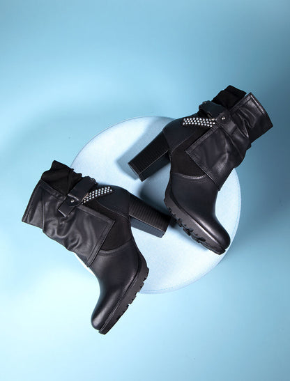 Bottines montantes bi-matière à sangle cloutée - Noir - 5