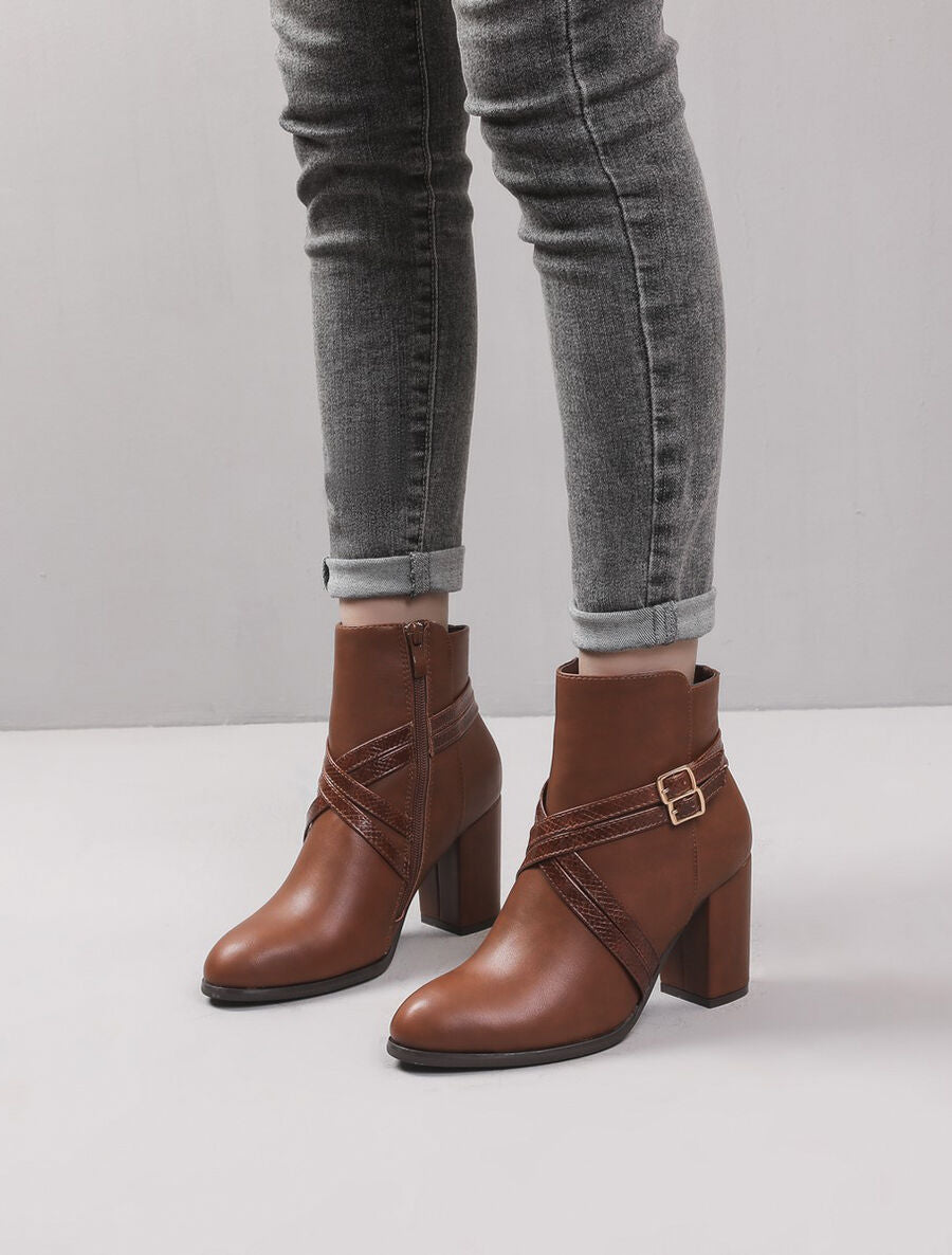 Bottines à talon et sangles croisées - Camel - 5