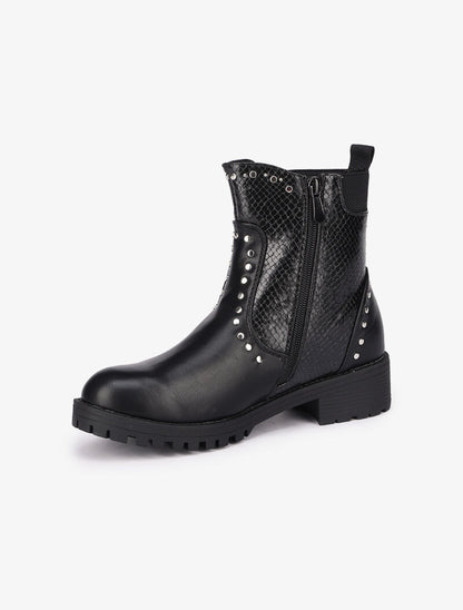 Bottines en simili à détails croco ornées de clous - Noir - 4