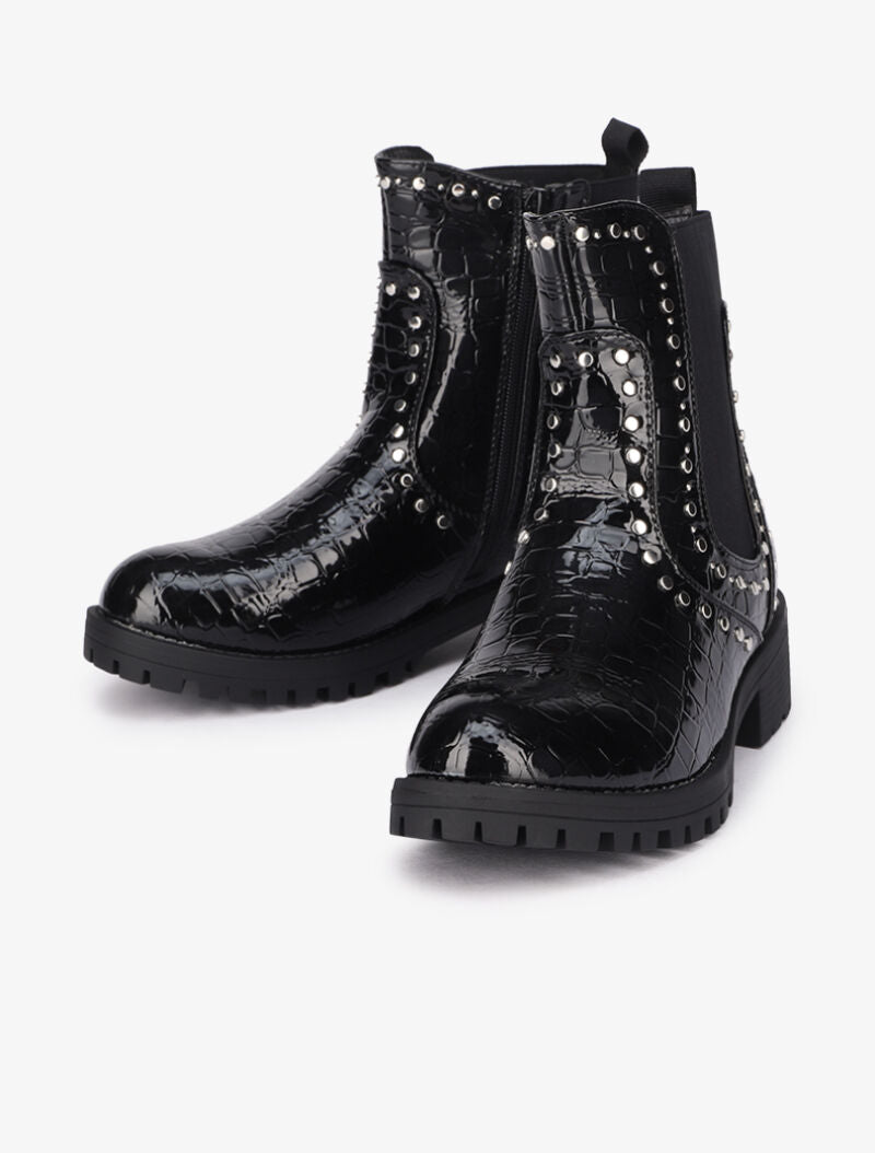 Bottines vernies et cloutées effet croco - Noir - 1