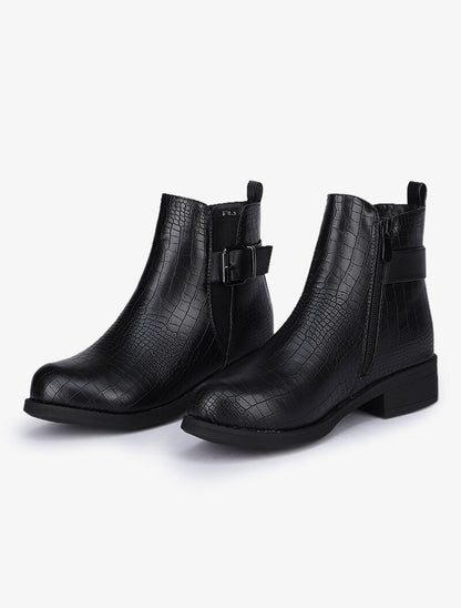 Bottines effet croco à bride à boucle carré - Noir - 1