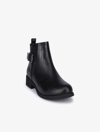 Bottines effet croco à bride à boucle carré - Noir - 3