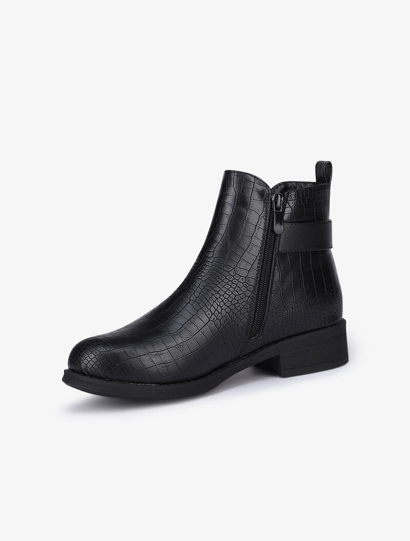 Bottines effet croco à bride à boucle carré - Noir - 4