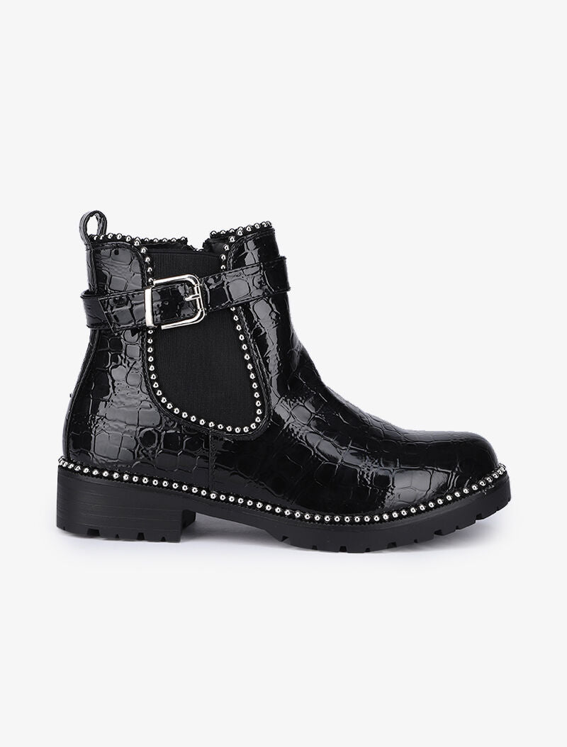 Bottines vernies effet croco à clous argentés - Noir - 2