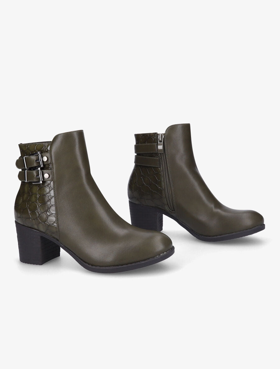 Bottines à boucles et contrefort croco - Kaki - 4