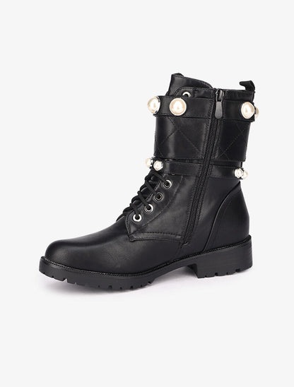 Bottines en simili à brides perlées - Noir - 4