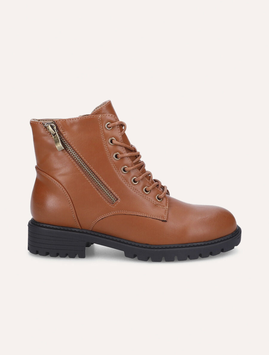 Bottines plates à lacets et double zips - Camel - 5