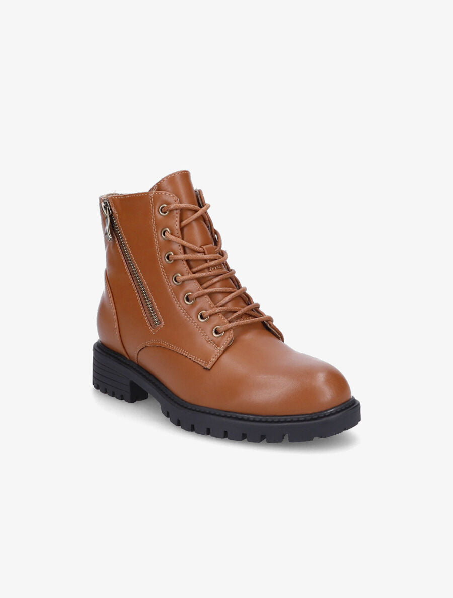 Bottines plates à lacets et double zips - Camel - 2