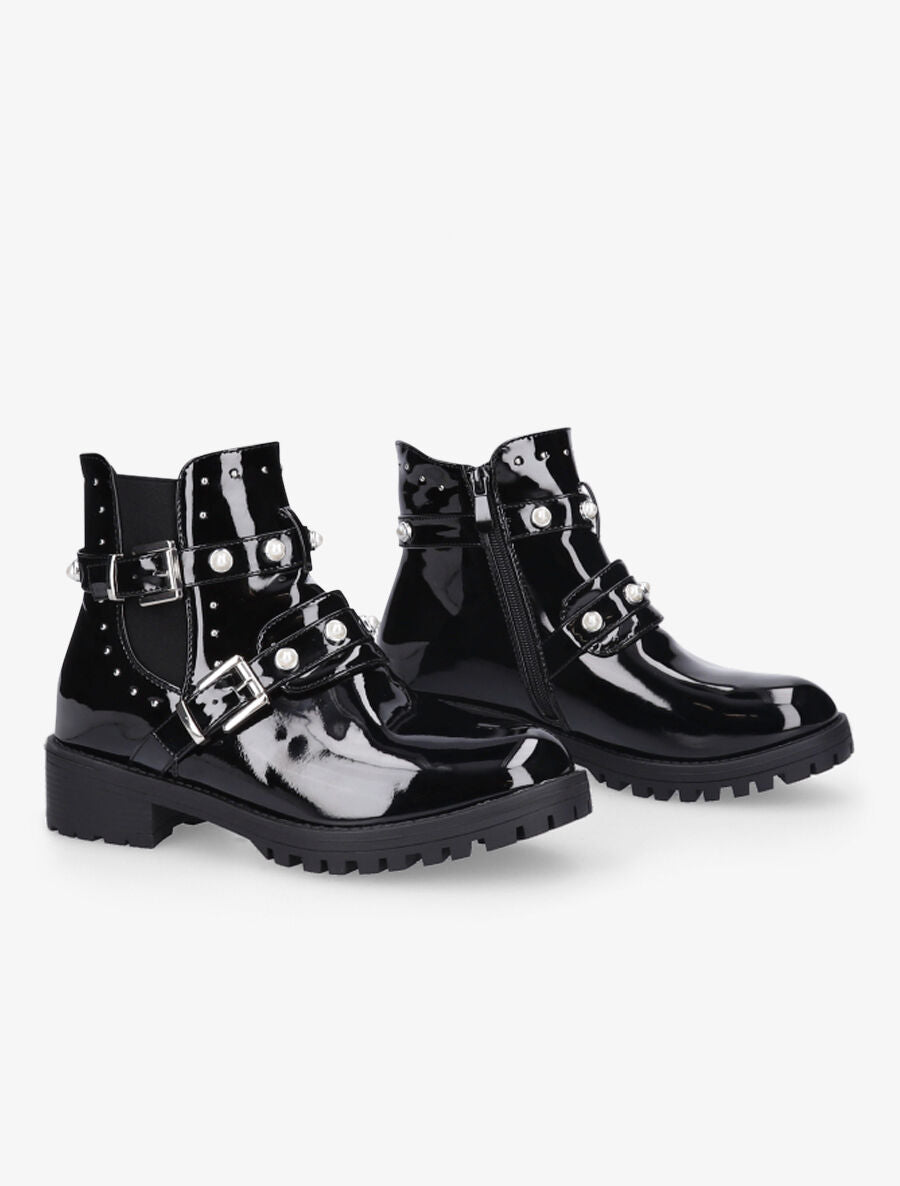 Bottines vernies à strass et double sangles - Noir - 4