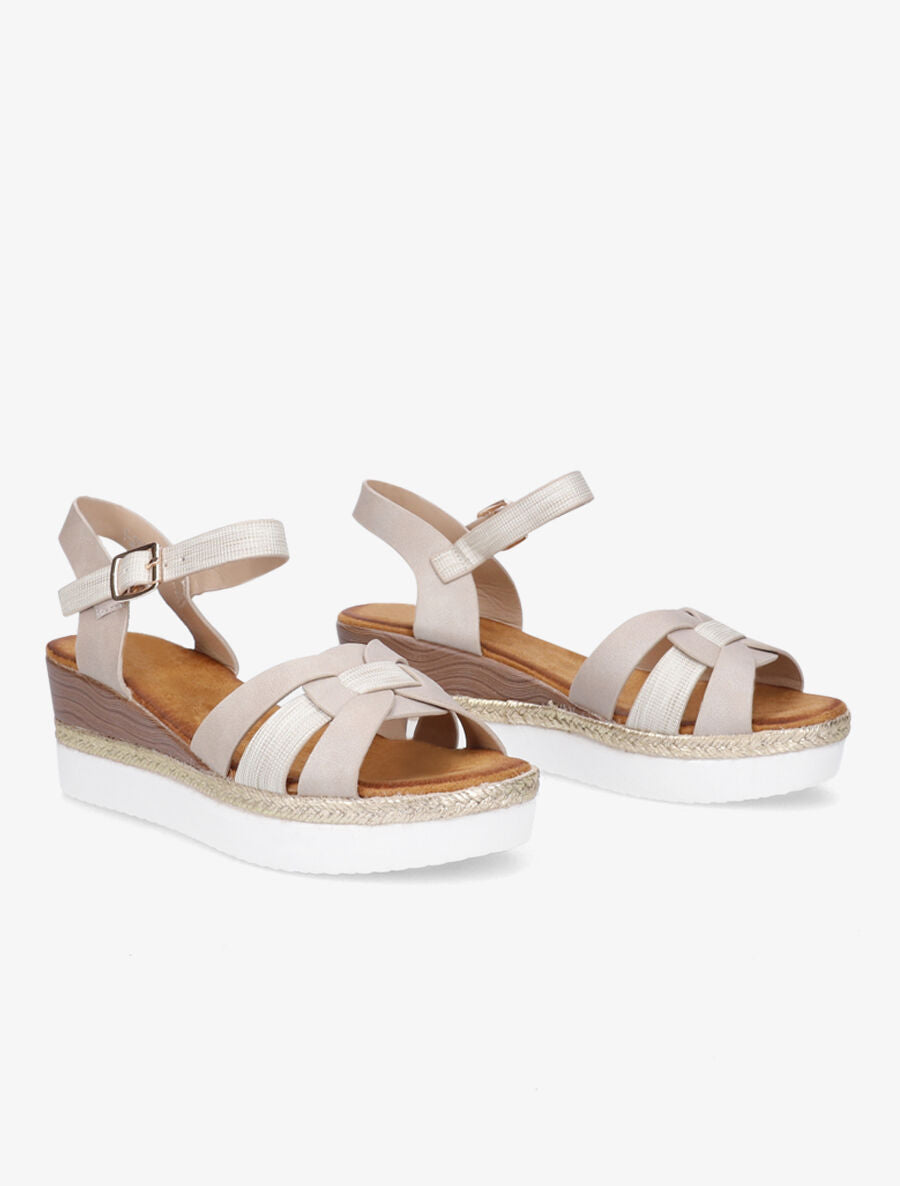 Sandales en simili talon compensé tressé - Beige - 4