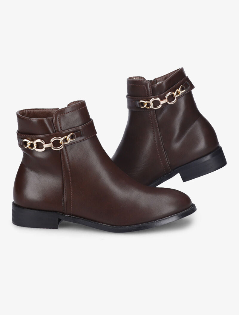Bottines à chaîne décorative dorée - Marron - 1