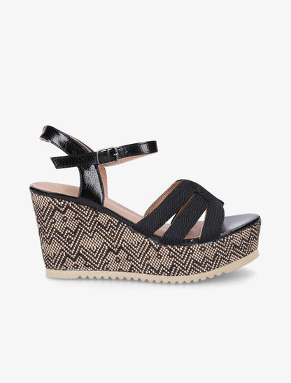 Sandales compensées en simili et tissu - Noir - 1
