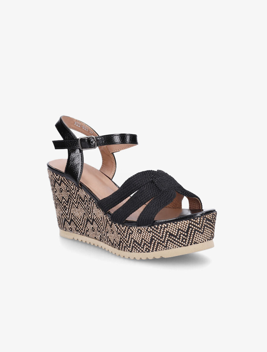 Sandales compensées en simili et tissu - Noir - 2