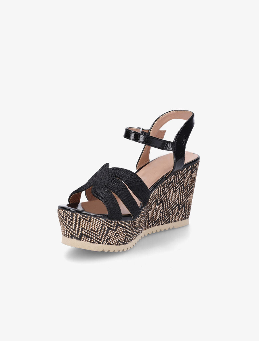 Sandales compensées en simili et tissu - Noir - 3