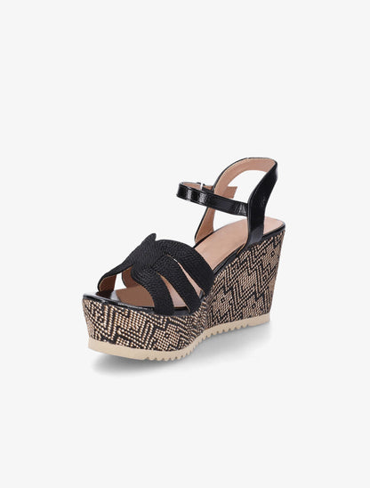 Sandales compensées en simili et tissu - Noir - 3